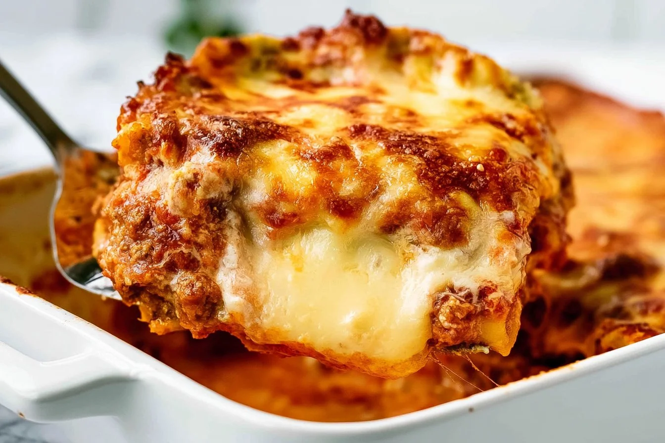Delicious lasagna with zucchini layers and melted cheese