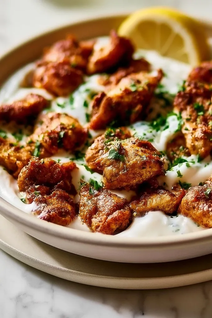 A plate of Lebanese Lemon Garlic Chicken garnished with fresh herbs