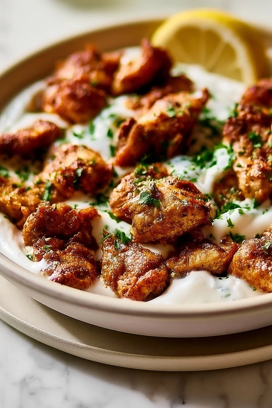 A plate of Lebanese Lemon Garlic Chicken garnished with fresh herbs