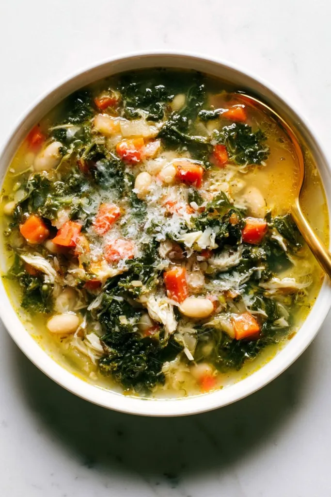 Bowl of Lemon Rosemary Chicken Soup garnished with herbs