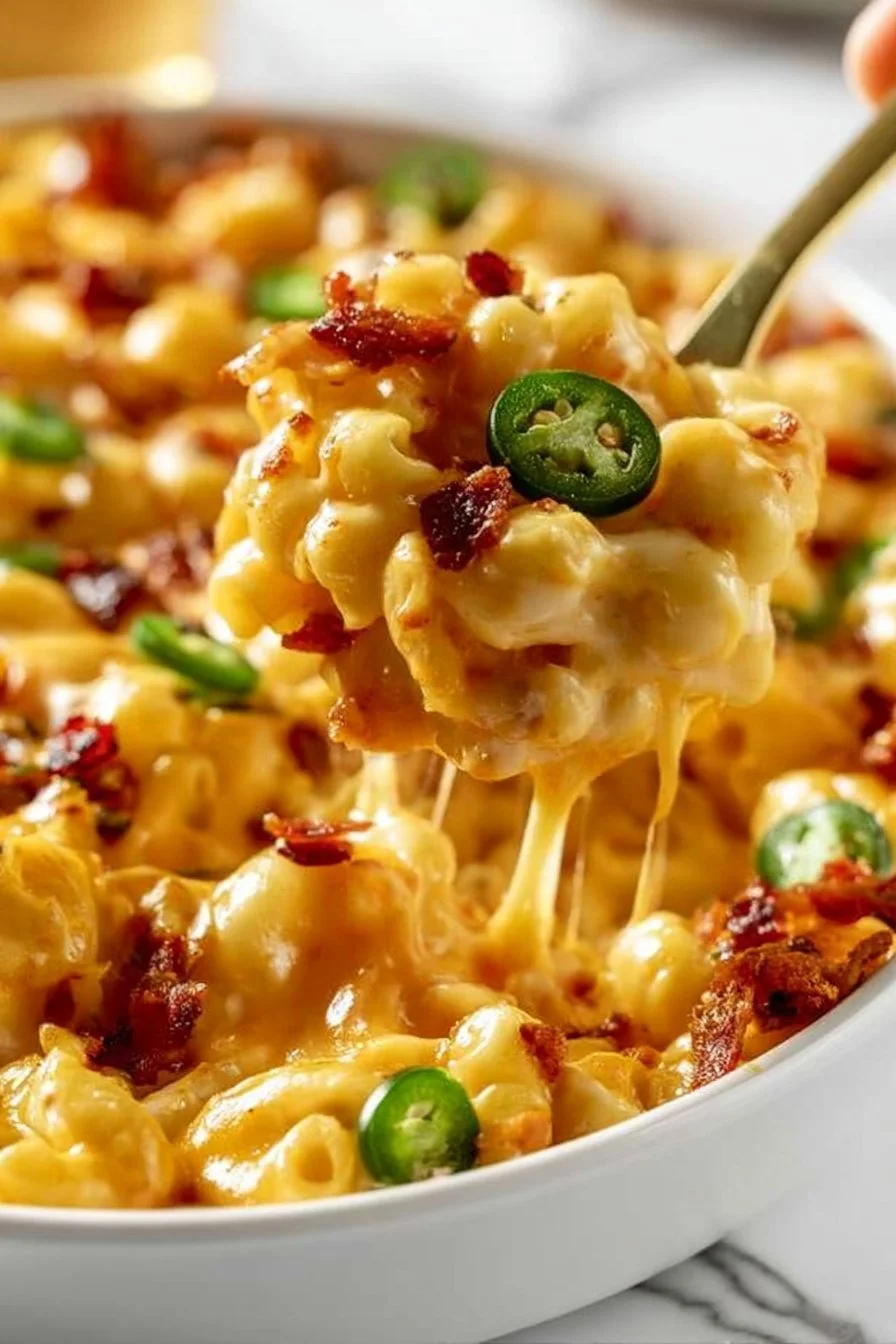 Delicious Mac and Cheese Jalapeno Popper topped with crispy jalapenos and cheese
