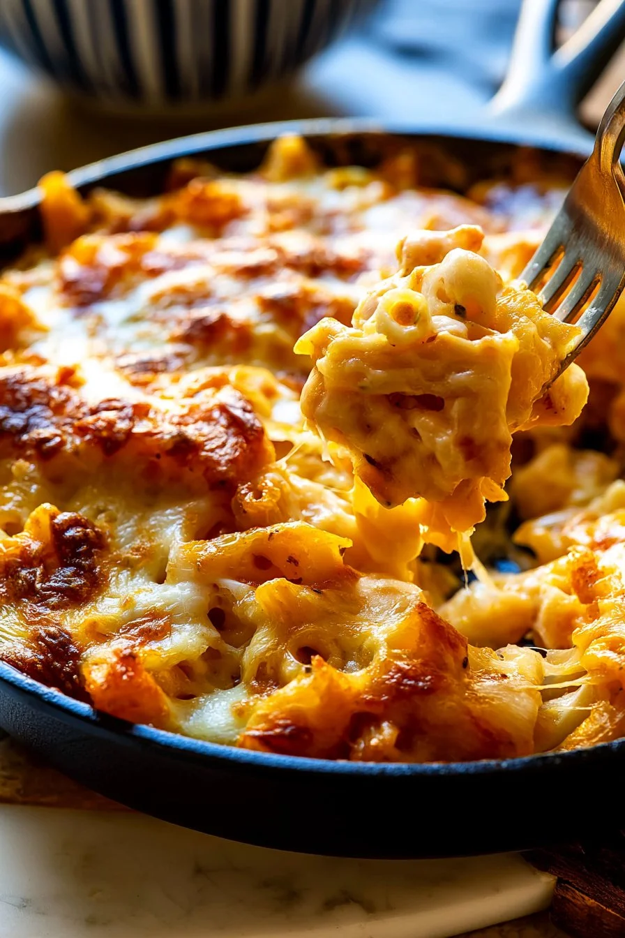Plate of Mac and Cheese King Ranch Chicken topped with herbs and cheese