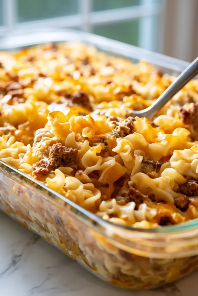 Delicious Man Casserole served in a dish, showcasing hearty ingredients.