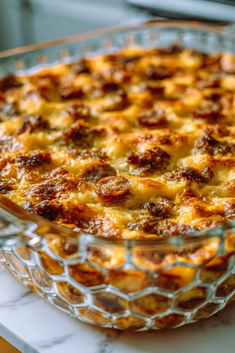 Maple Waffle Breakfast Casserole topped with syrup and berries
