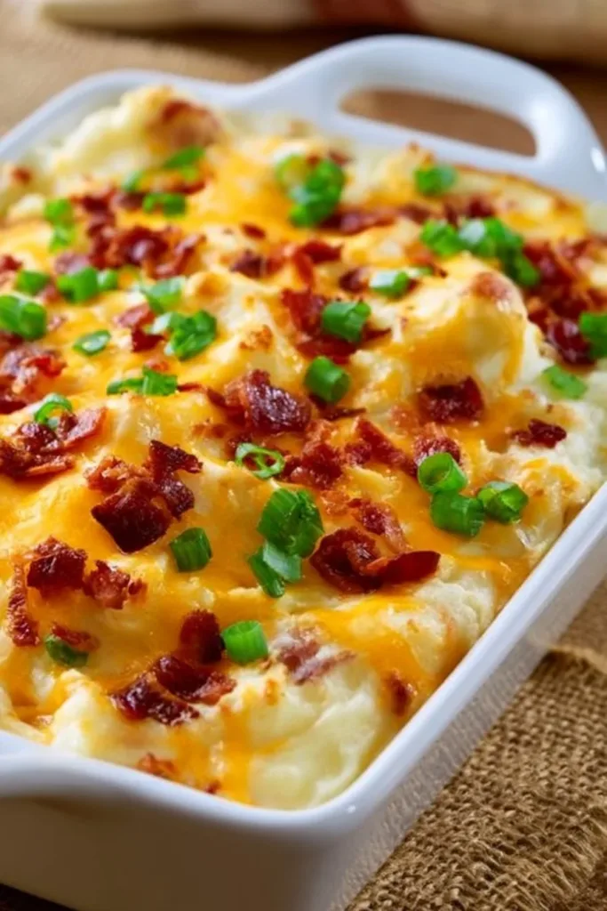 Delicious mashed potato casserole topped with cheese and herbs