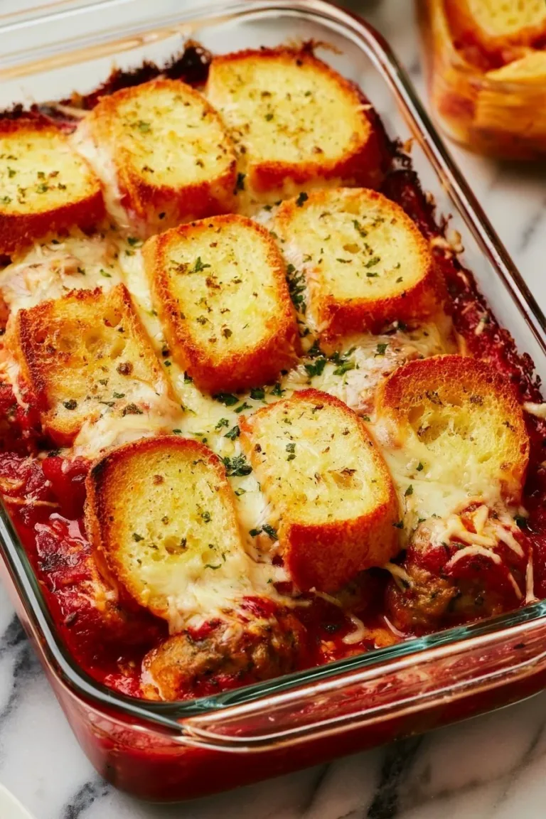Delicious meatball casserole topped with cheese and herbs in a baking dish.