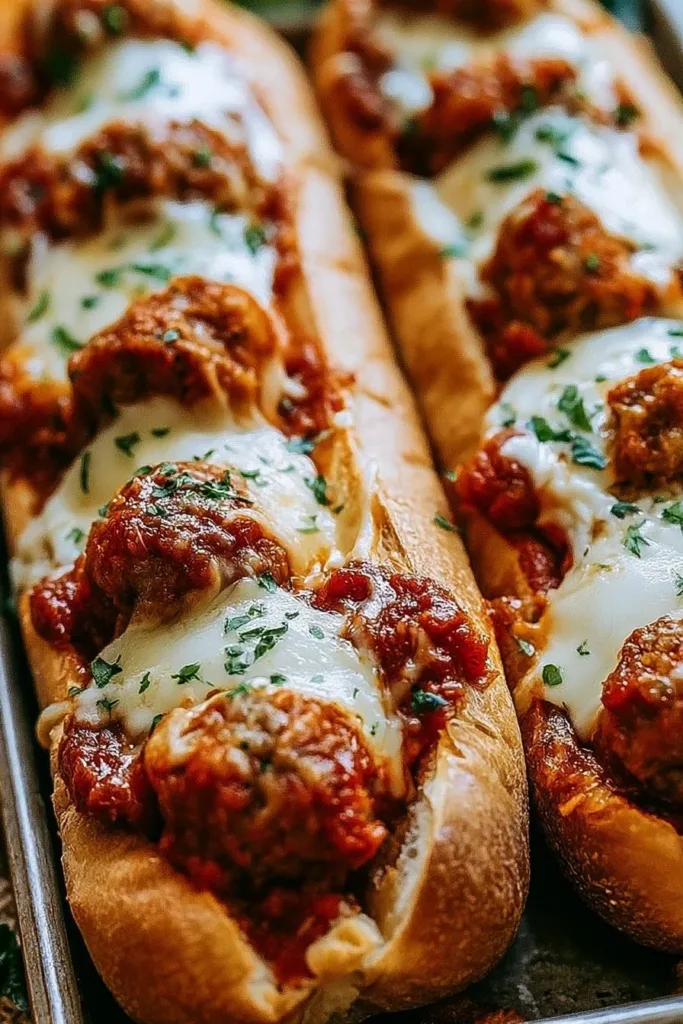 Delicious homemade meatball sub with marinara sauce and melted cheese