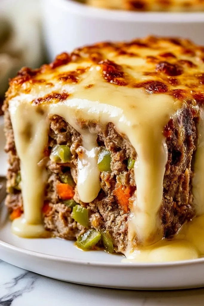 Savory meatloaf cheesesteak served on a bun with melted cheese and peppers.