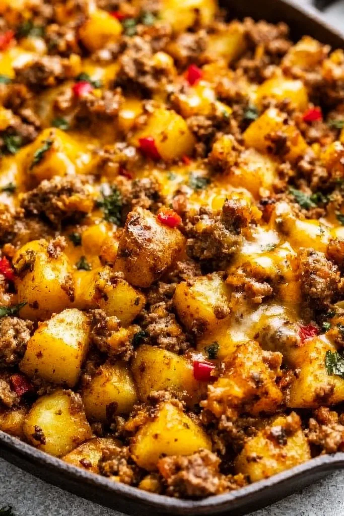 Mexican Ground Beef and Potato Skillet served in a pan