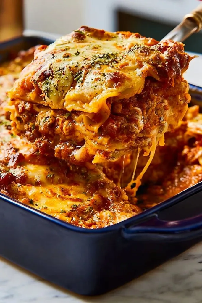 A delicious serving of Mexican Lasagna with layers of tortillas, beans, and cheese.