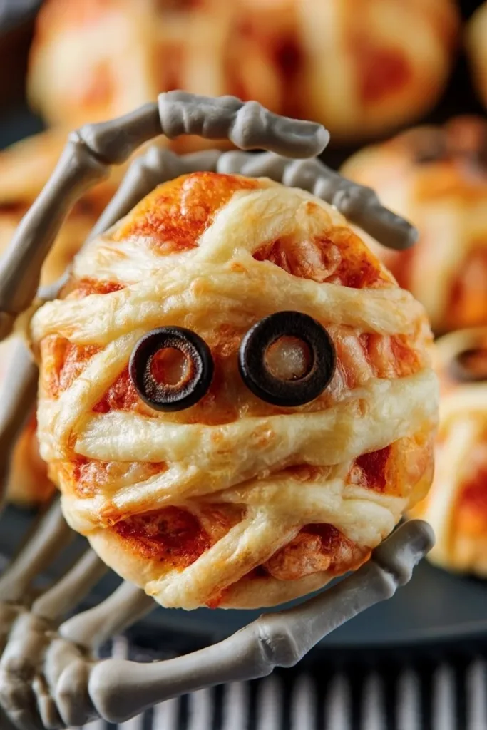 Delicious Mummy Pizza Bites served on a plate for Halloween snacks