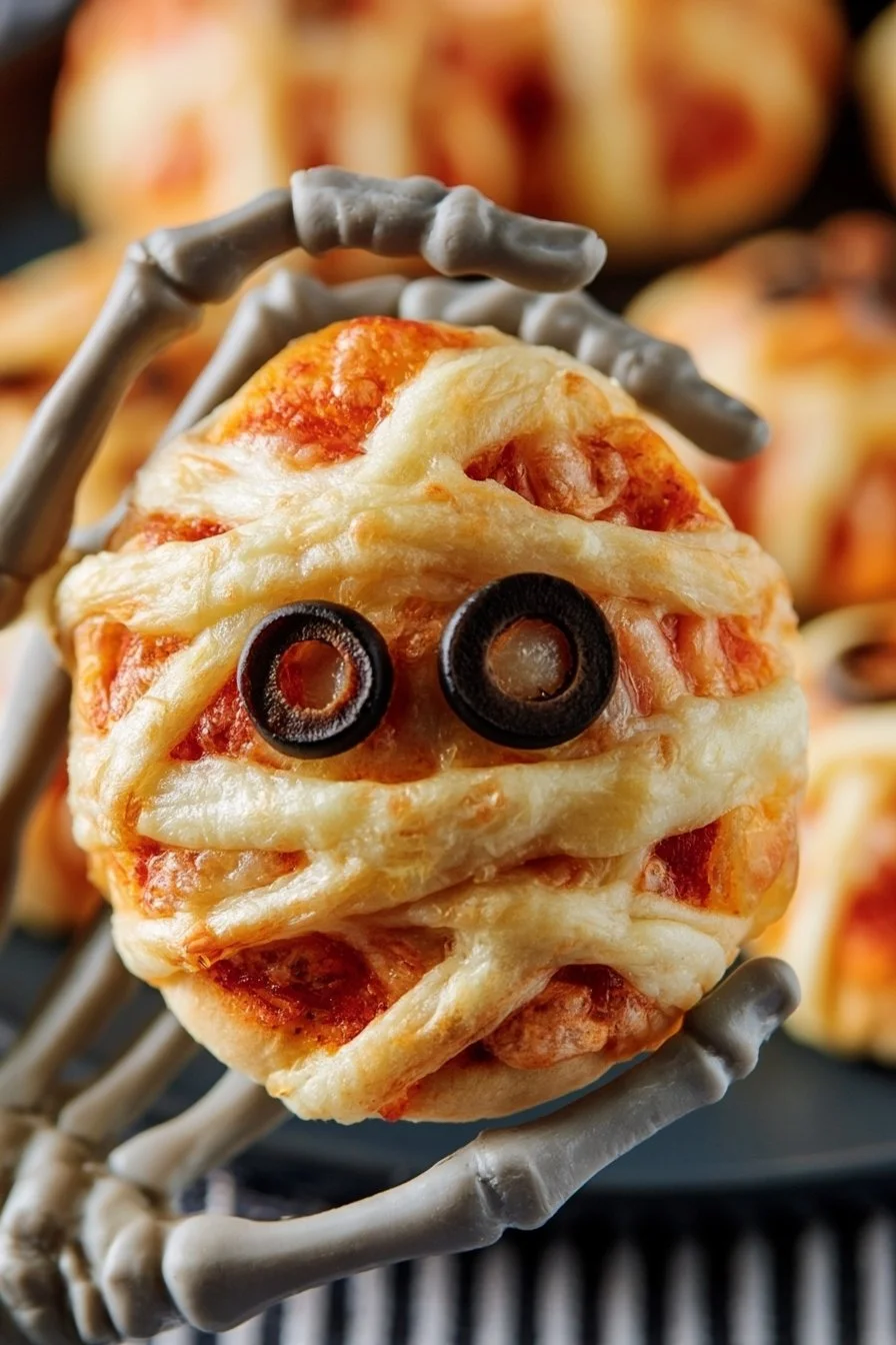 Delicious Mummy Pizza Bites served on a plate for Halloween snacks
