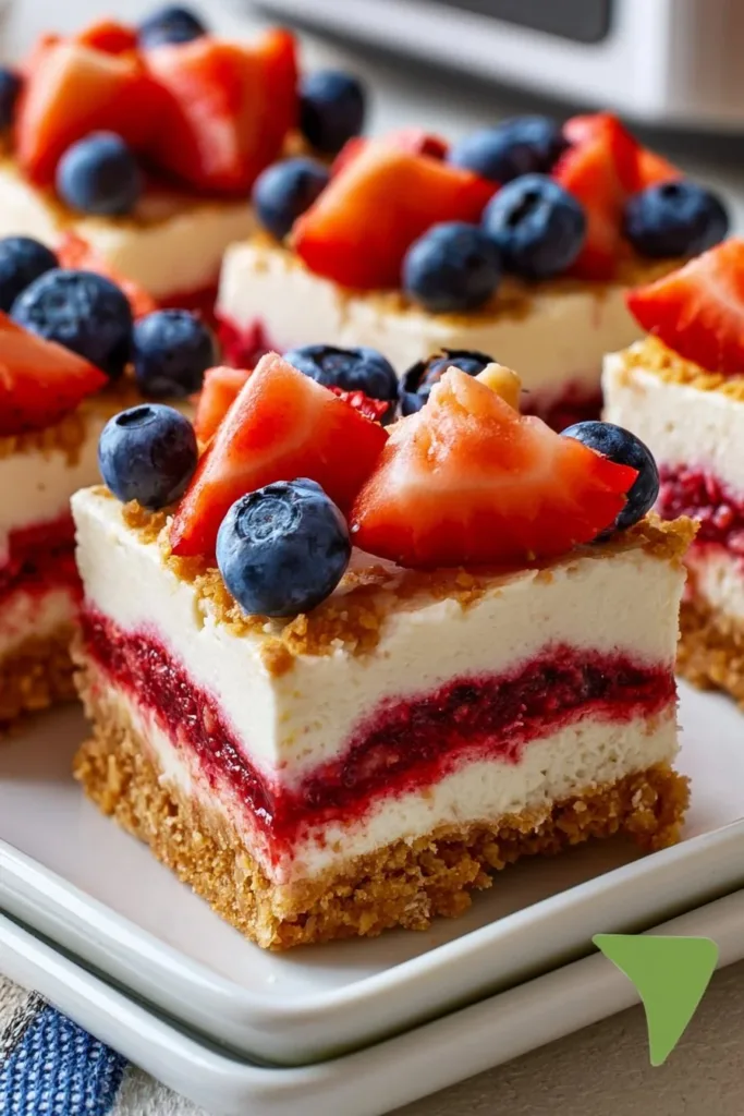 Delicious no bake cheesecake bars topped with fresh berries