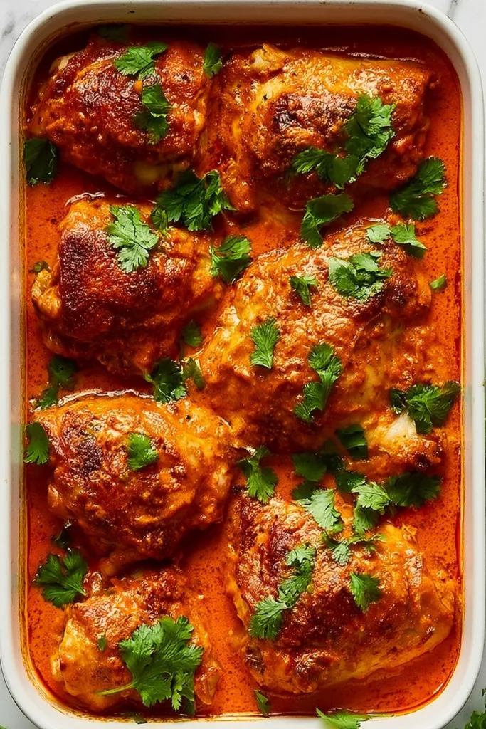 One pan baked butter chicken dish with vibrant spices and herbs