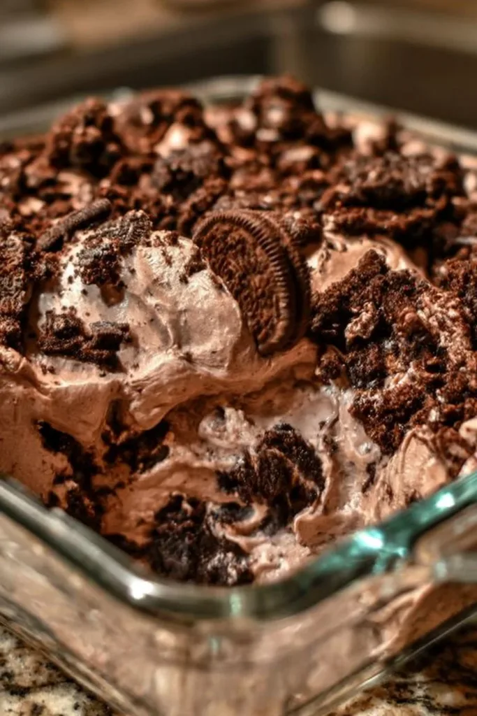 Delicious Oreo Dirt Cake with crushed Oreos and creamy layers