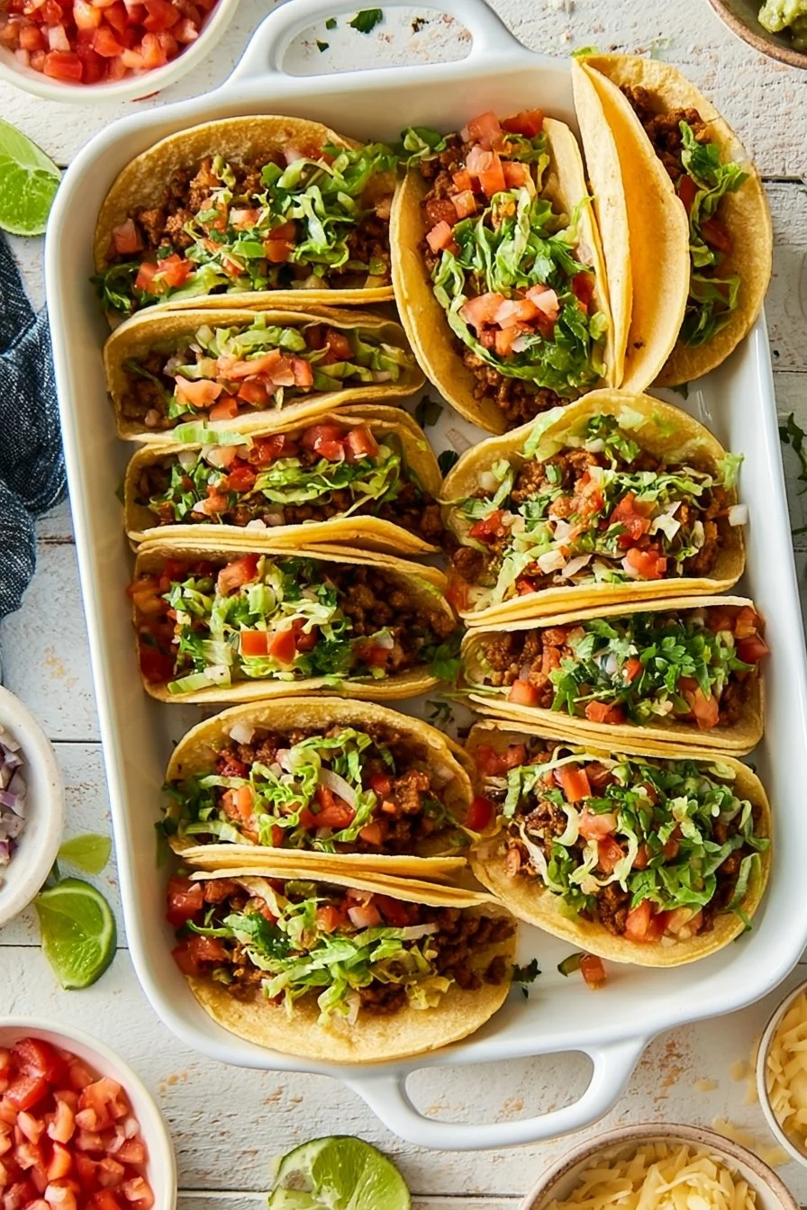 Plate of golden brown oven tacos with colorful toppings