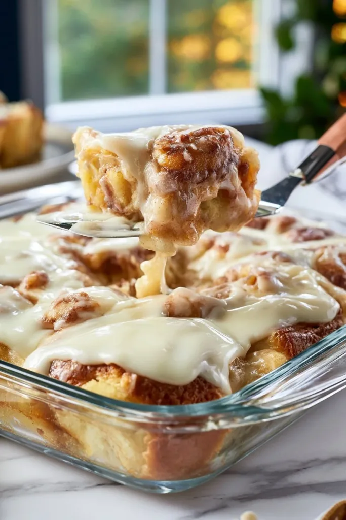 Delicious Overnight Orange Roll Casserole served in a baking dish