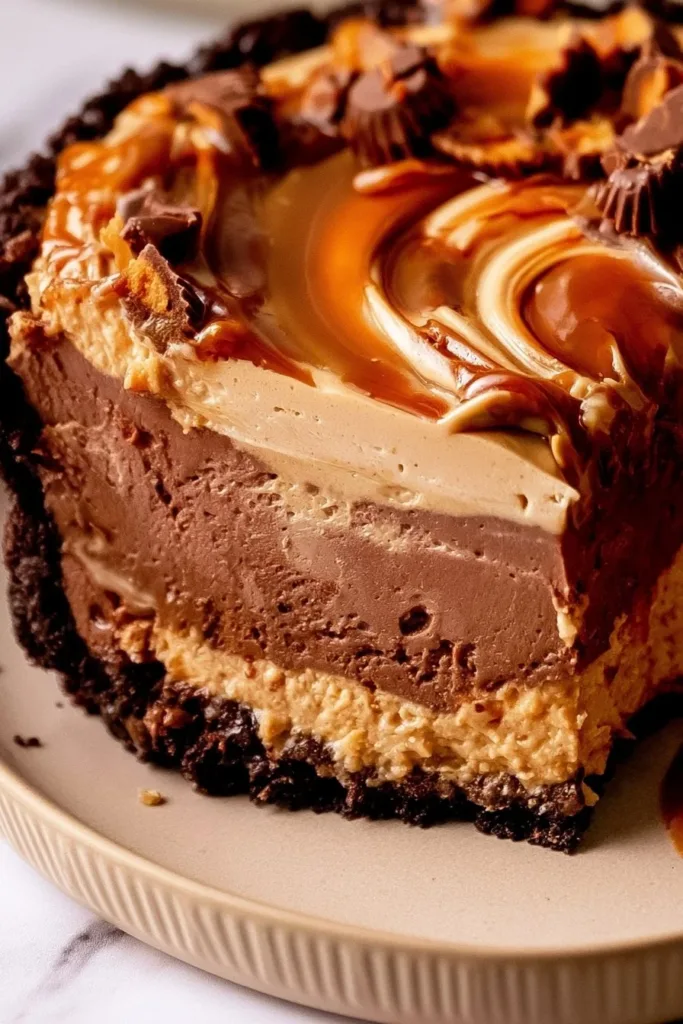 Delicious homemade Peanut Butter Pie topped with whipped cream and chocolate