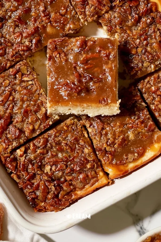 Delicious Pecan Pie Cheesecake Bars served on a plate, showcasing layers and toppings.