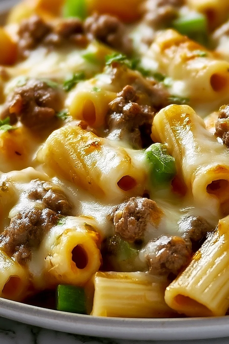 Delicious Philly cheese steak pasta served in a bowl