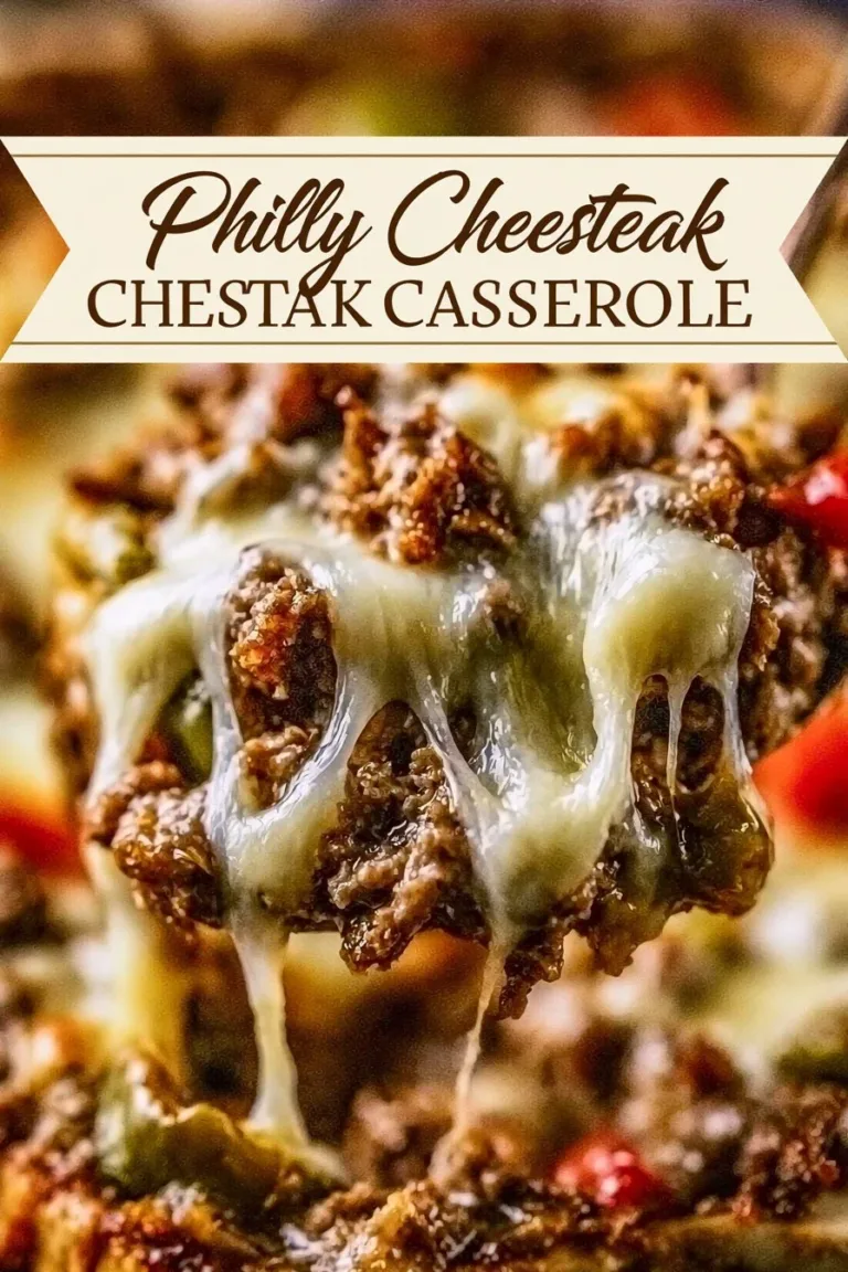 Philly cheesesteak casserole topped with cheese and peppers