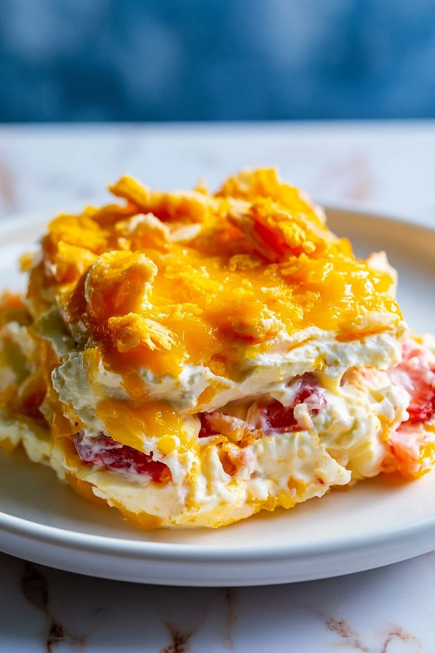Pimento cheese squash bake, a cheesy and flavorful dish, served in a casserole dish.