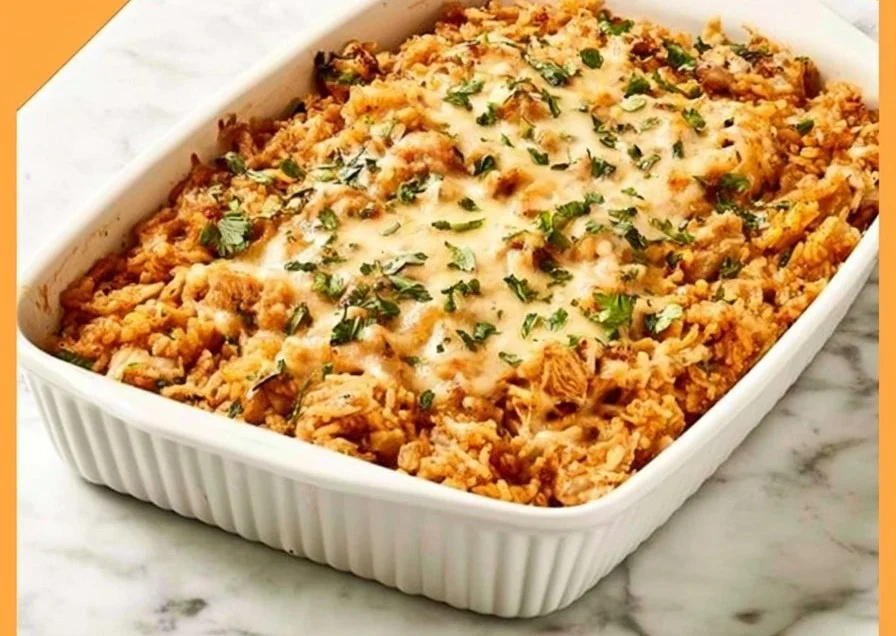 Delicious Queso Chicken and Rice Bake served in a casserole dish