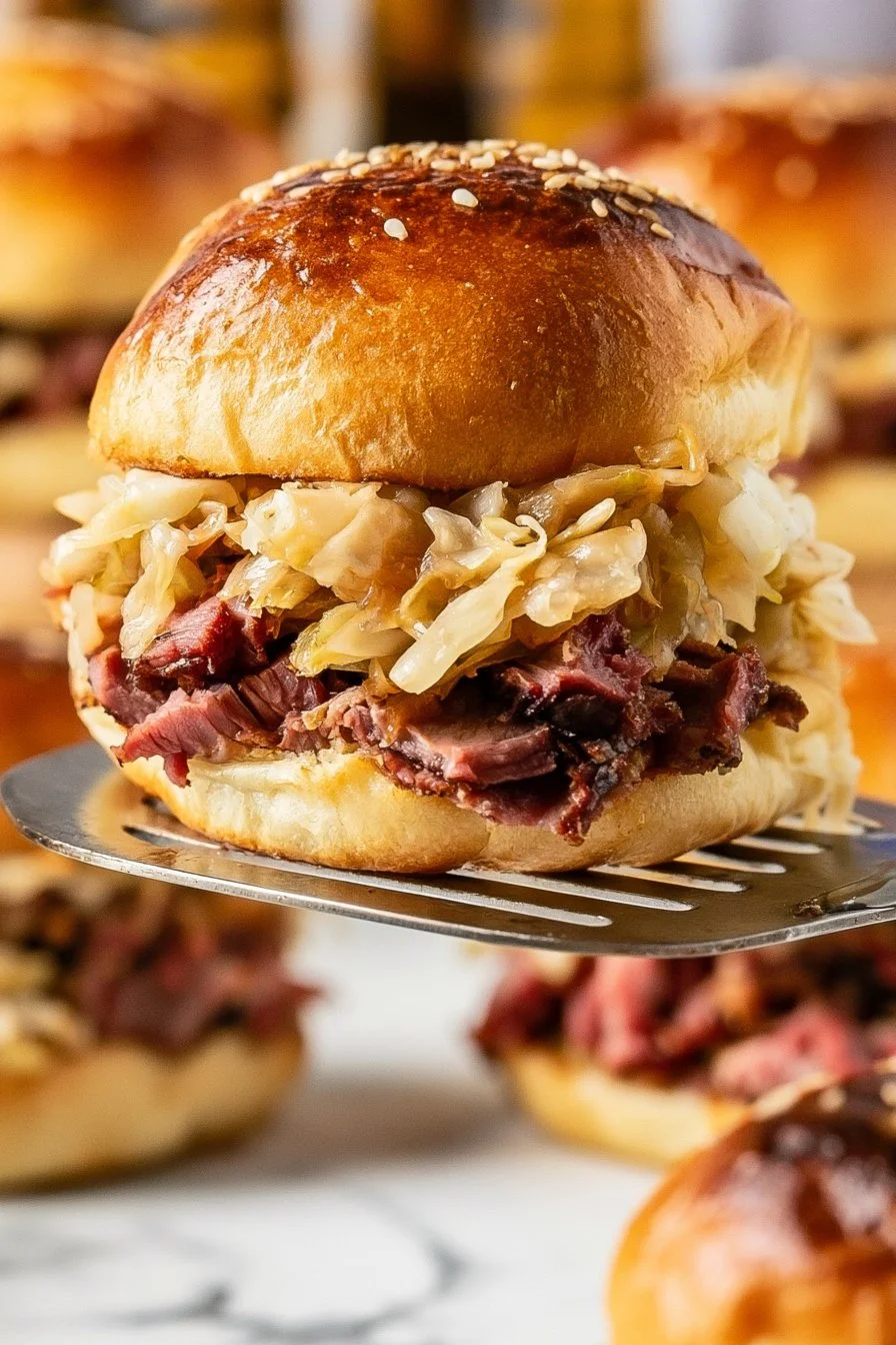 Delicious Reuben Sliders with corned beef, Swiss cheese, and sauerkraut on a slider bun