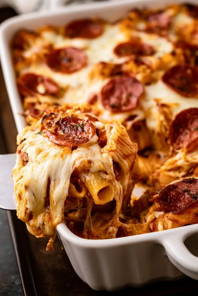 Delicious rotini sausage pepperoni bake served in a baking dish