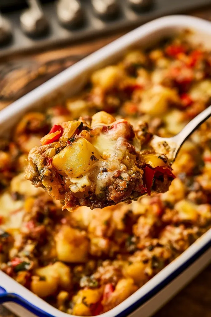 Delicious homemade Sausage Potato Casserole served with fresh herbs