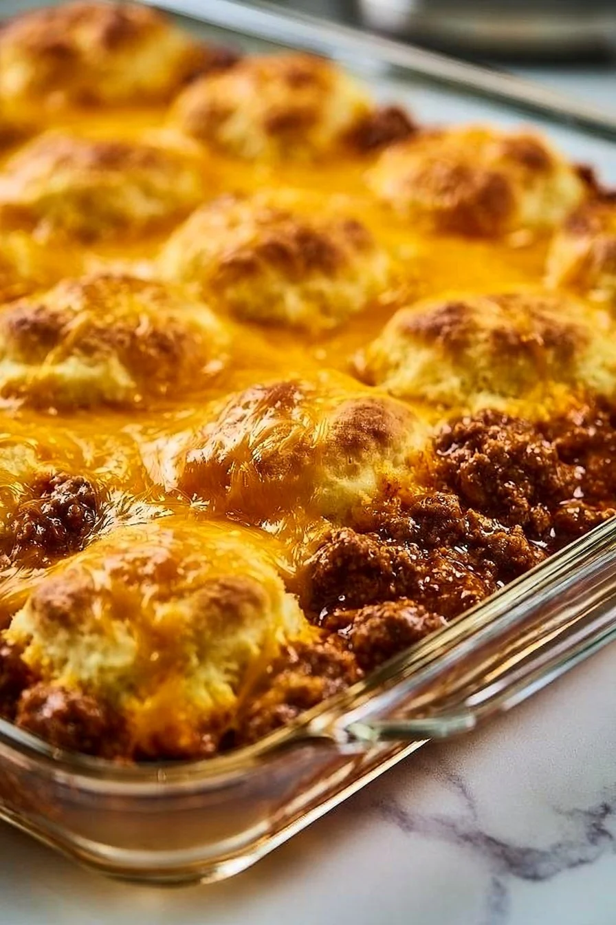 Sloppy Joe Biscuit Casserole served in a baking dish, ready to eat.