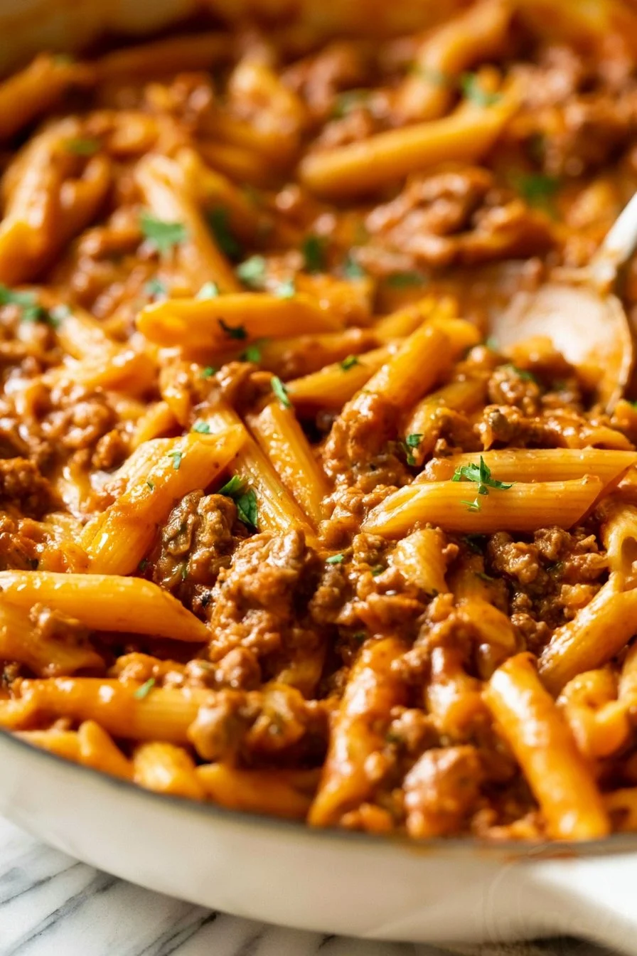Delicious Sloppy Joe Pasta served in a bowl with toppings