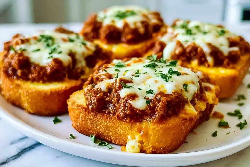 Open face garlic toast topped with hearty Sloppy Joes