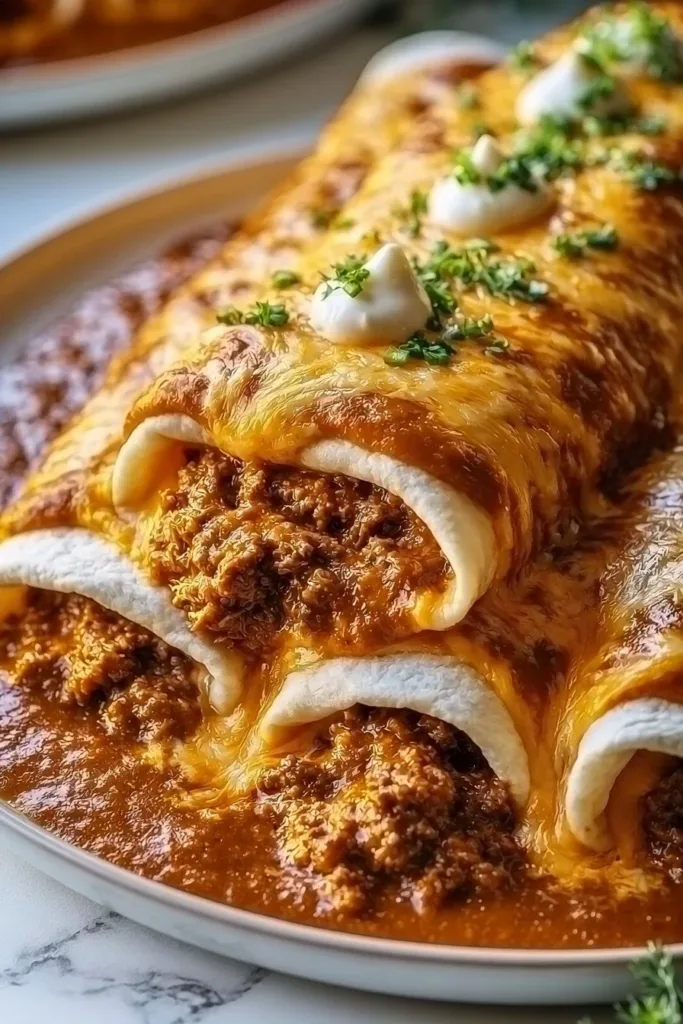 Smothered ground beef burritos topped with cheese and flavorful sauce.