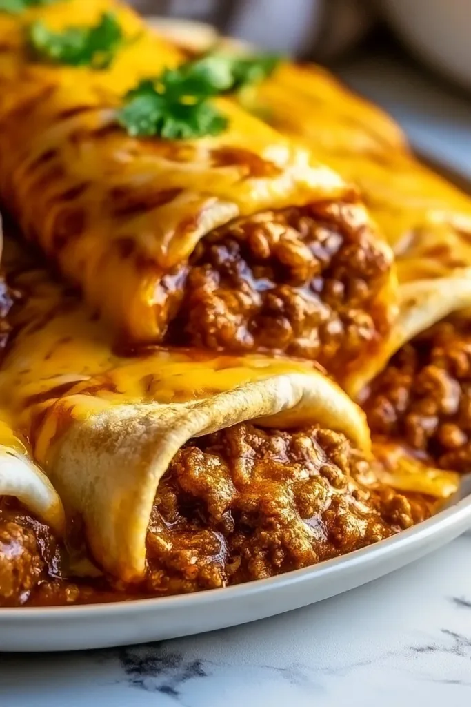 Smothered ground beef burritos with creamy chipotle sauce served on a plate