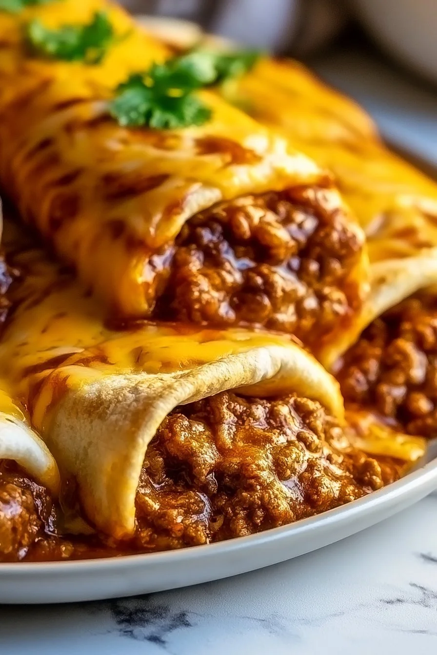 Smothered ground beef burritos with creamy chipotle sauce served on a plate