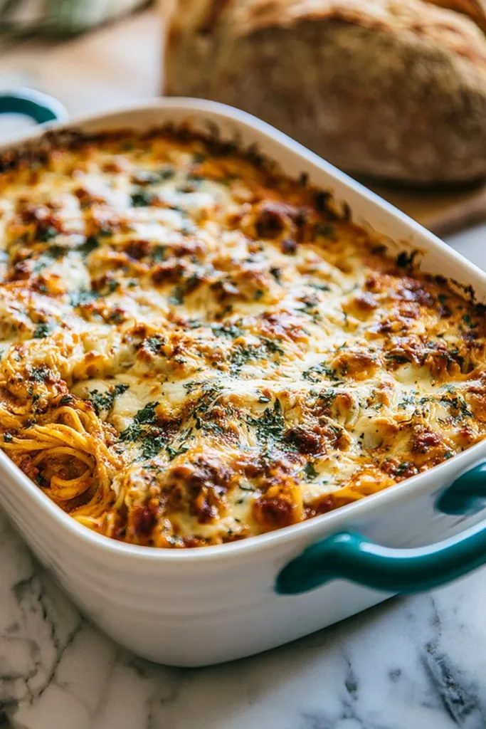 Delicious spaghetti casserole ready to serve, topped with cheese and herbs.