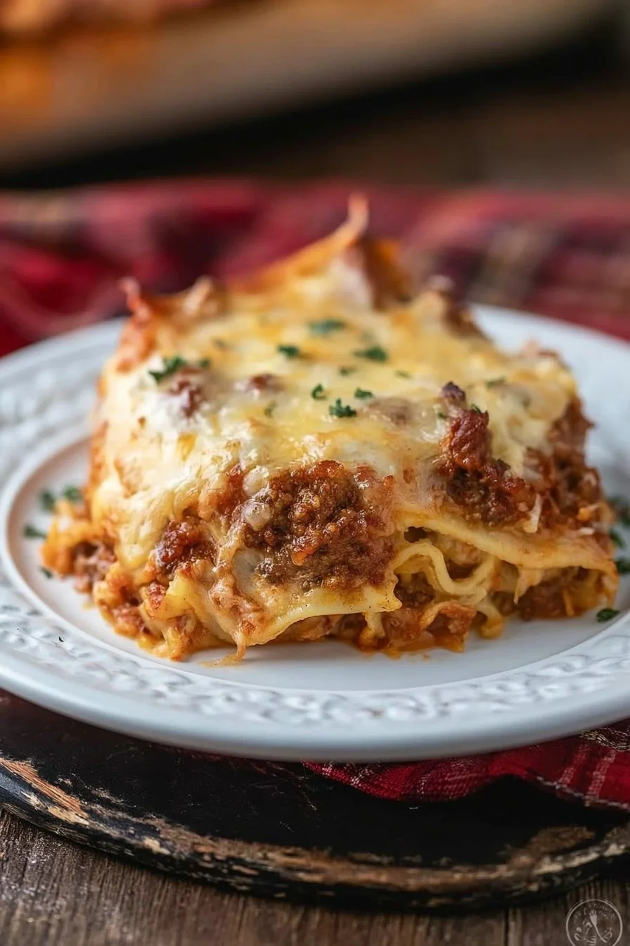 Delicious homemade spaghetti pie served with cheese and herbs