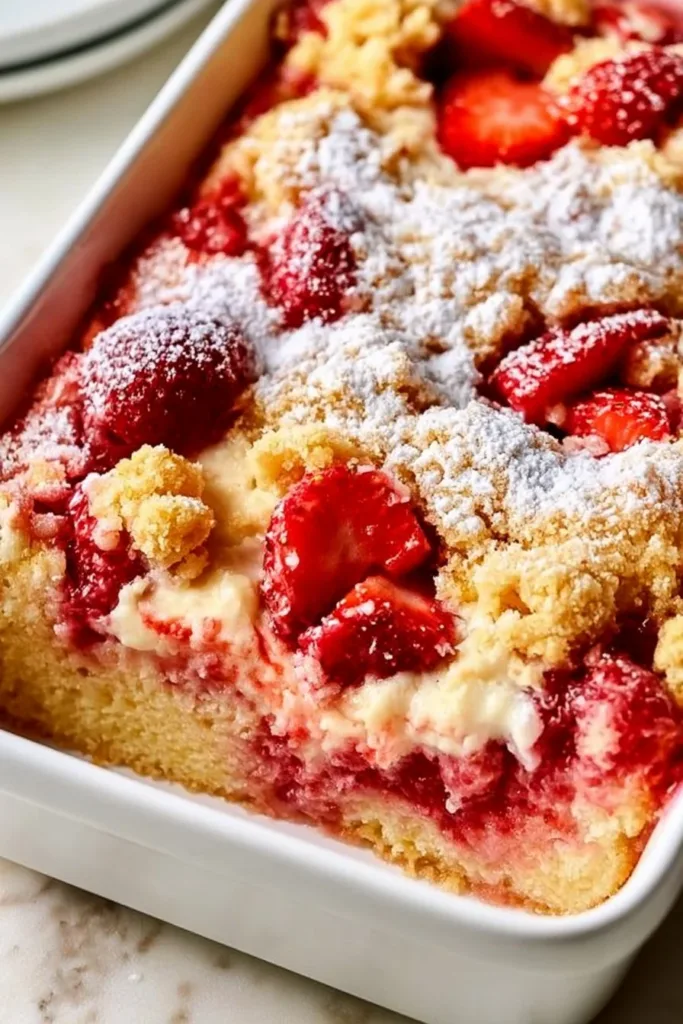 Delicious Strawberry Cheesecake Dump Cake ready to be served