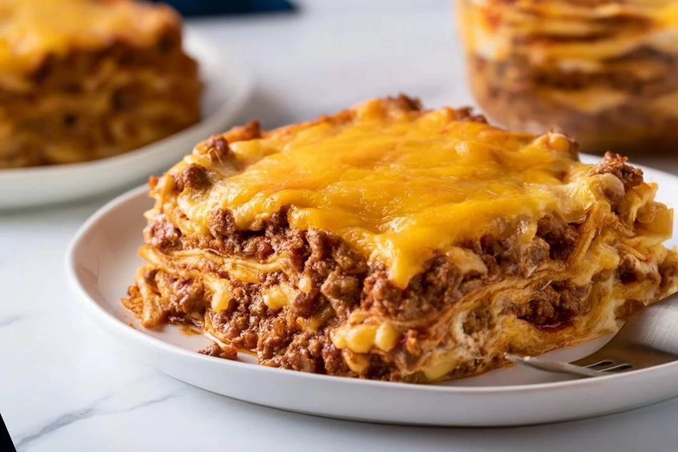 Delicious homemade Taco Casserole topped with cheese and fresh ingredients