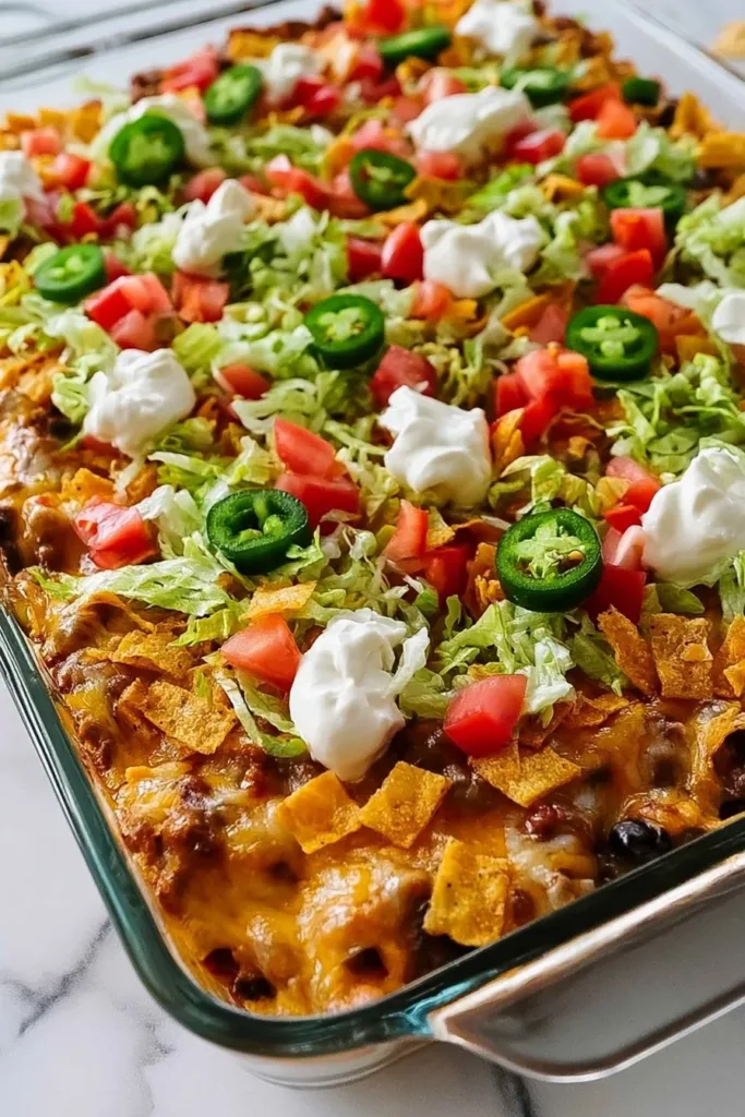 Delicious and hearty Taco Casserole fresh out of the oven with colorful toppings