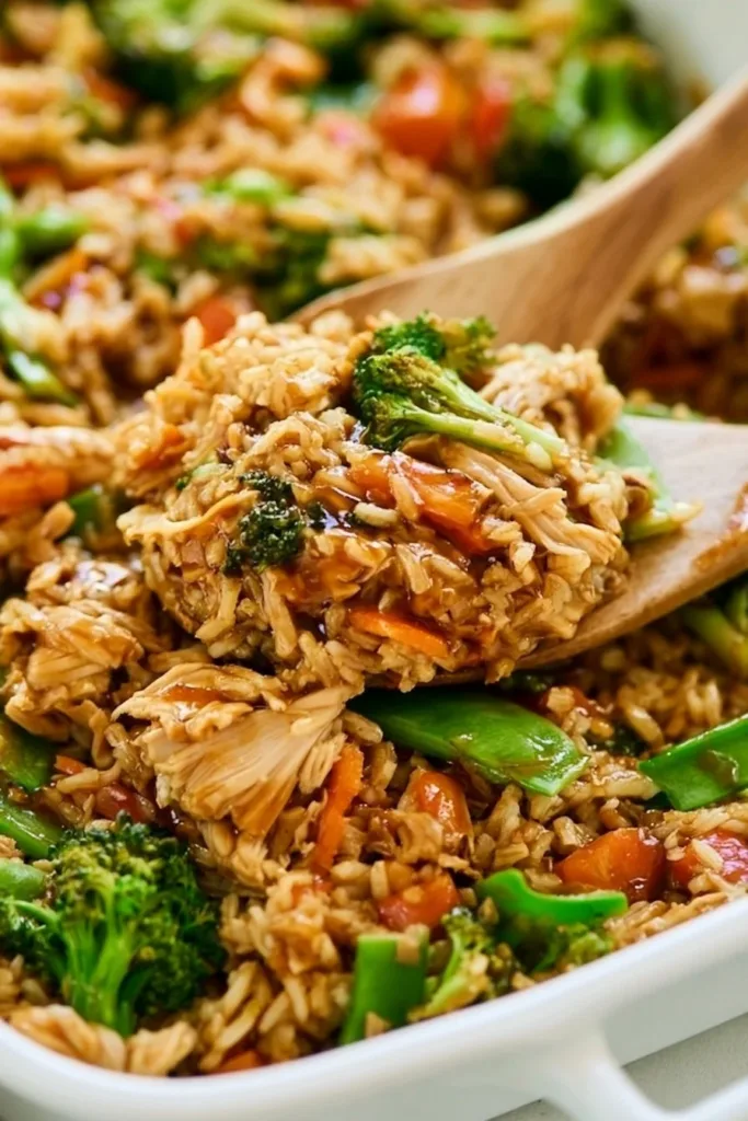 Delicious homemade teriyaki chicken casserole topped with green onions.
