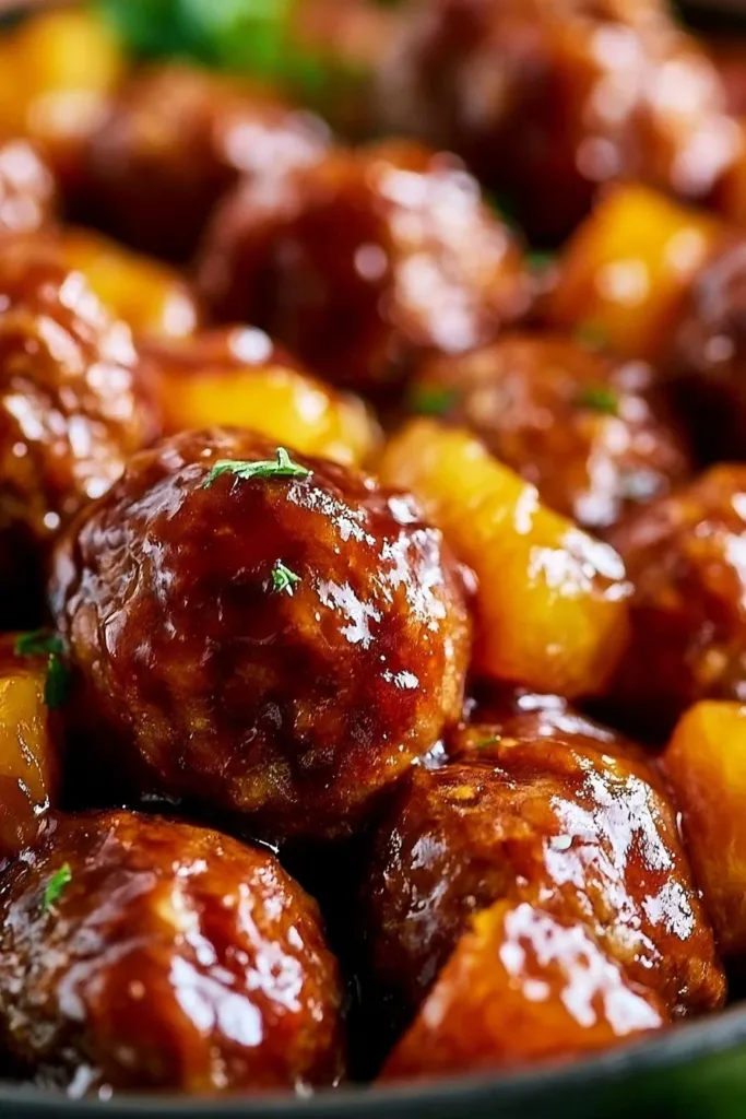 Delicious teriyaki meatballs cooking in a slow cooker with sauce