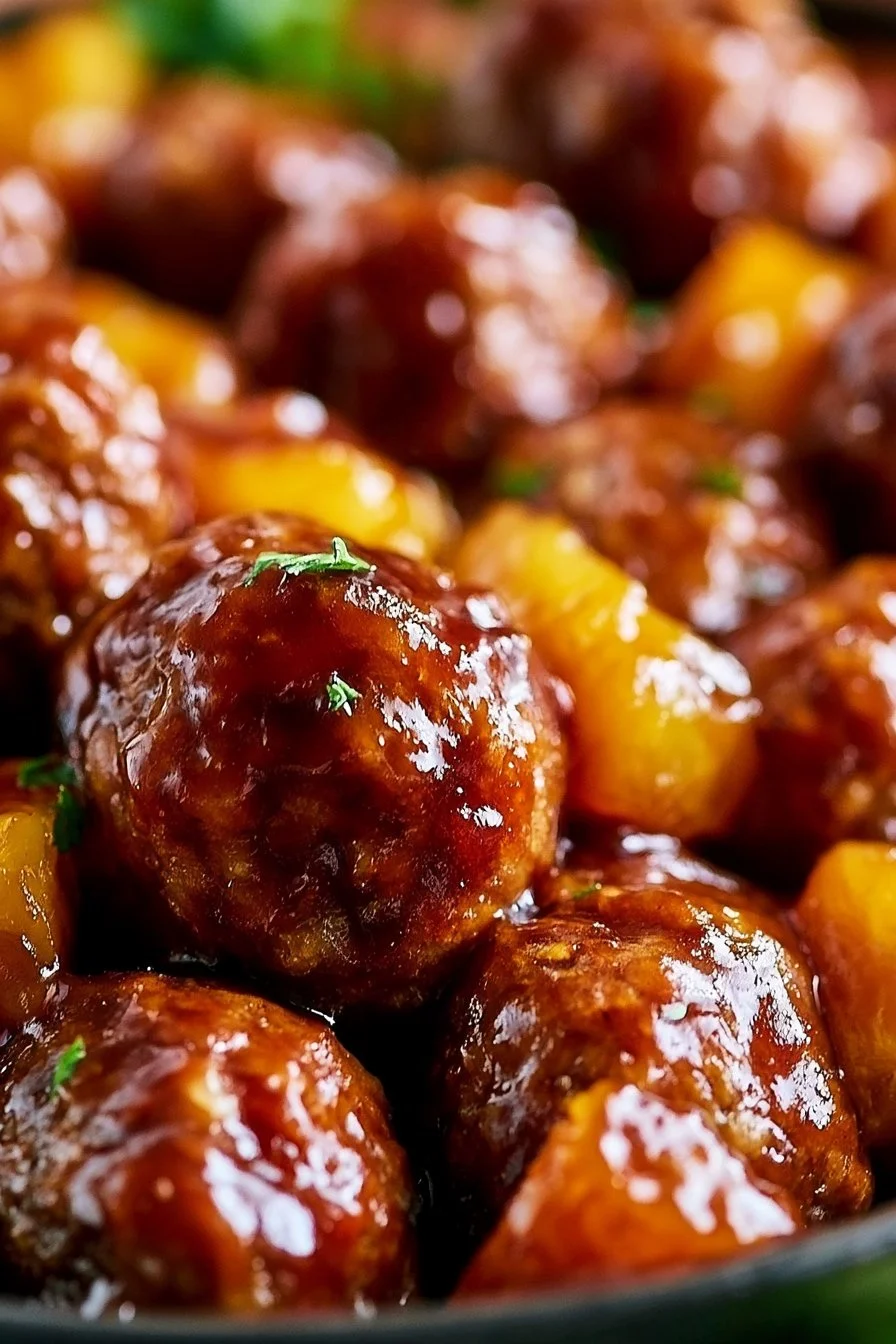 Delicious teriyaki meatballs cooking in a slow cooker with sauce