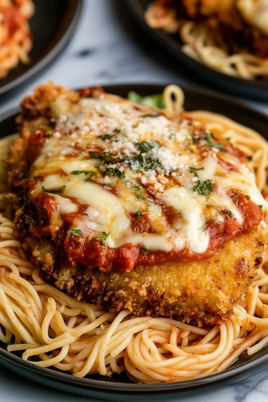 Plate of veal parmesan with marinara sauce and melted cheese on top