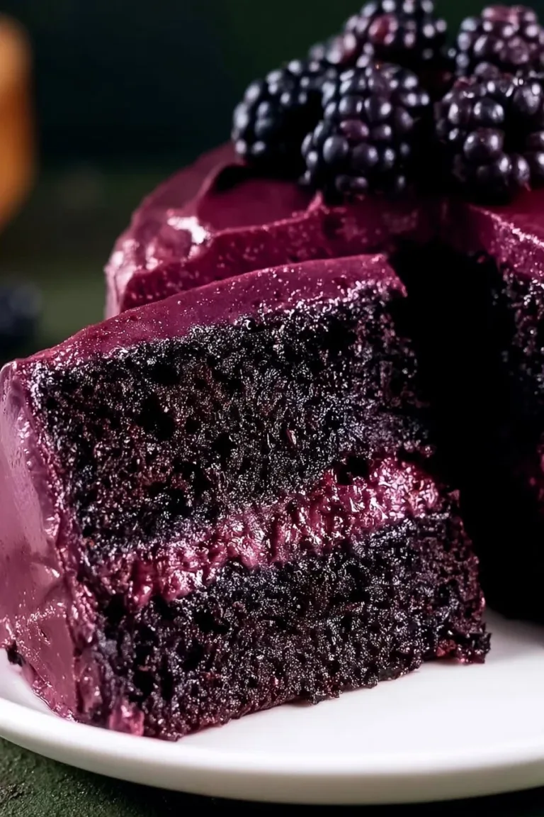 Slice of delicious Velvet Blackberry Cake topped with berries and frosting