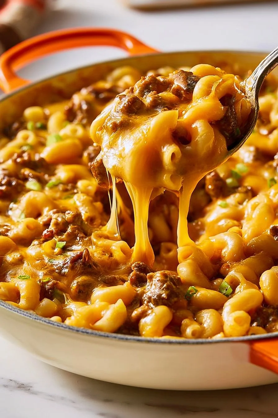 Delicious cheeseburger casserole topped with cheese and served in a baking dish