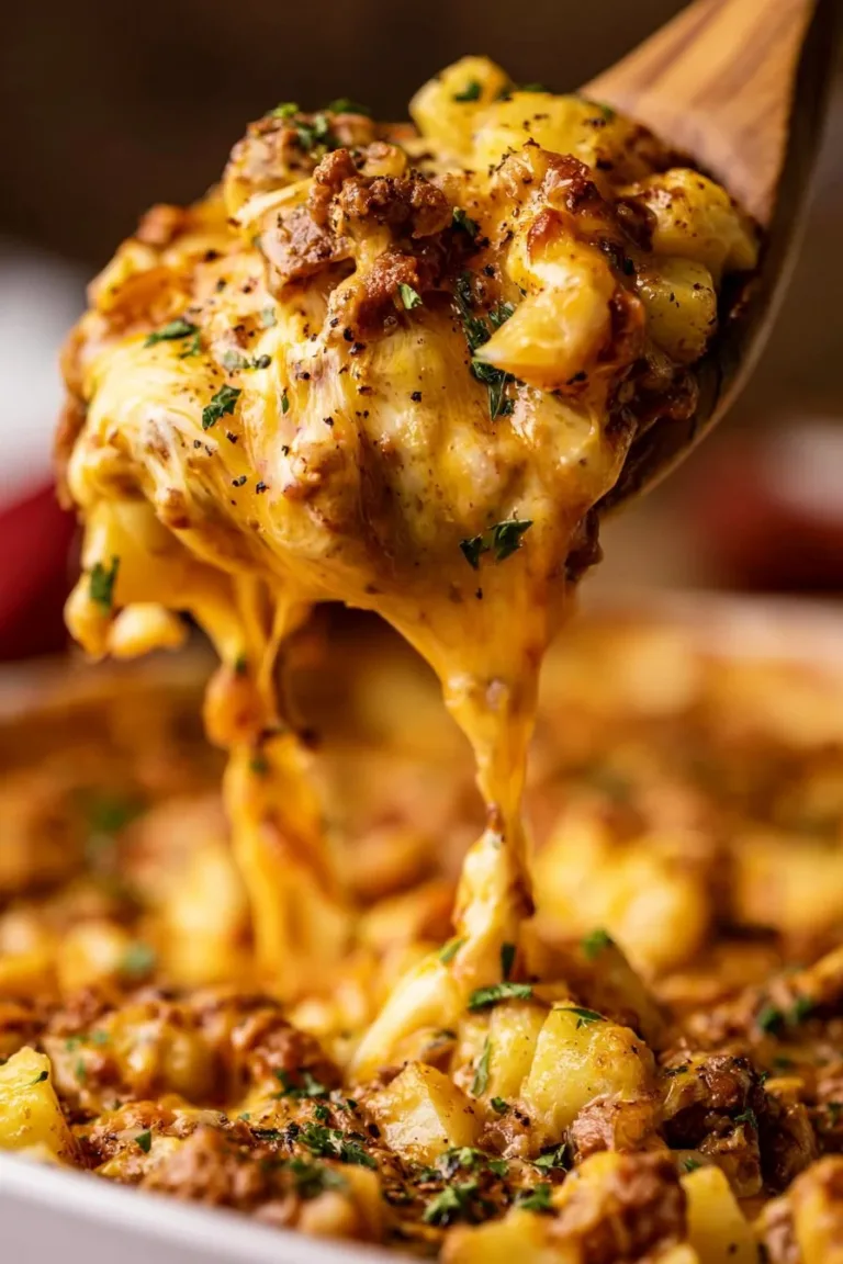 Cheesy Beef and Potato Bake served in a dish with melted cheese topping.