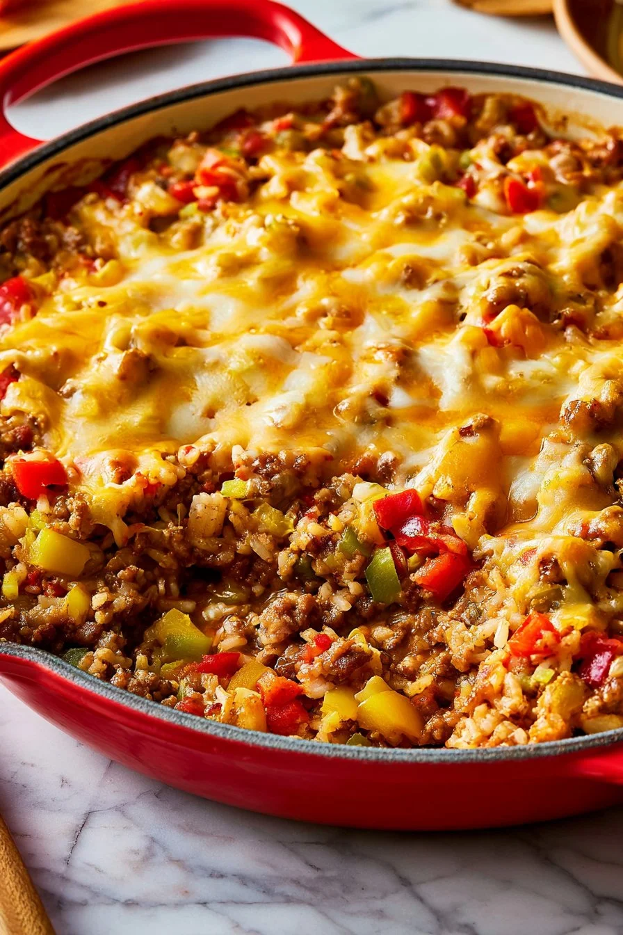 Cheesy Beef and Rice Skillet topped with melted cheese and fresh herbs.