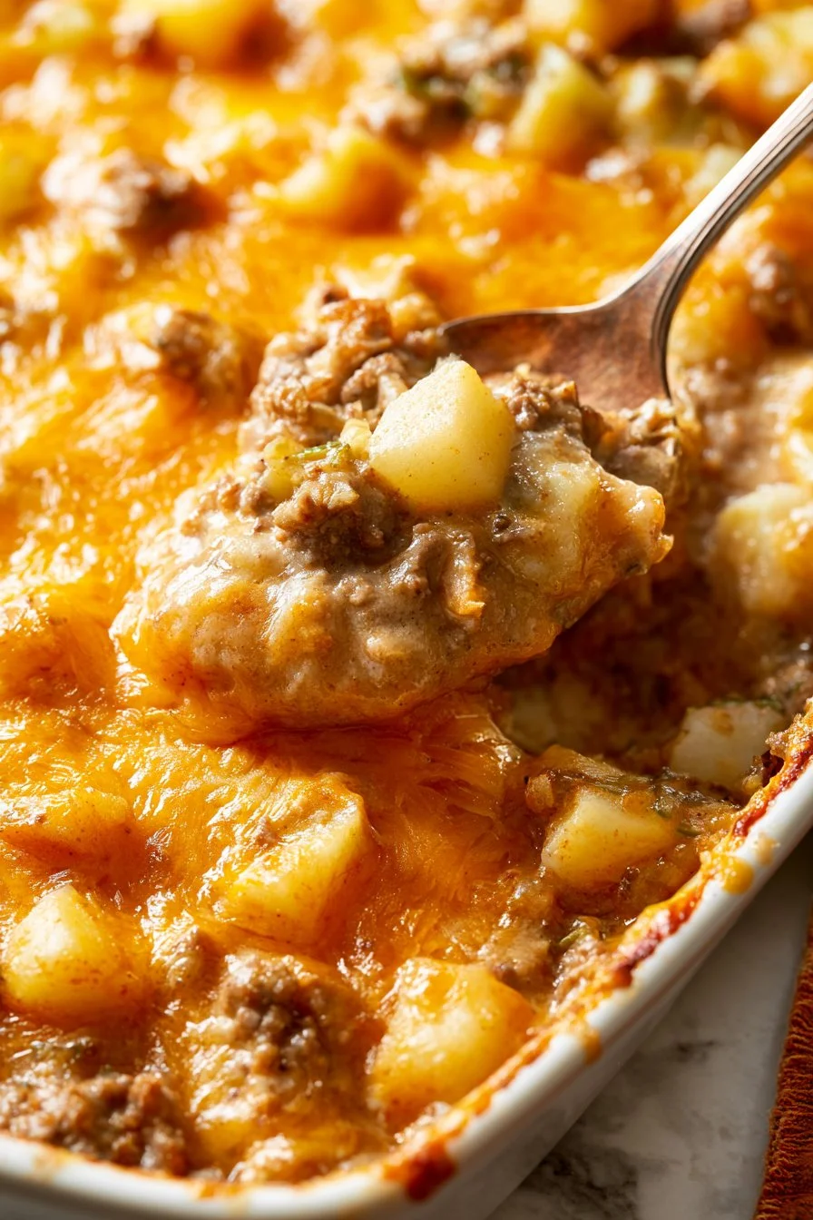 Cheesy ground beef and potato casserole served in a baking dish